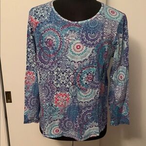 Chico's Blue 3/4 Sleeve Graphic Blouse with Crew Neck